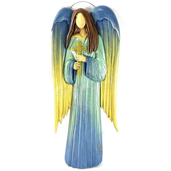 Bill Jeralds Hand Carved Wood Angel Wall Hanging FAITH Cross 14” Angeldust Studi